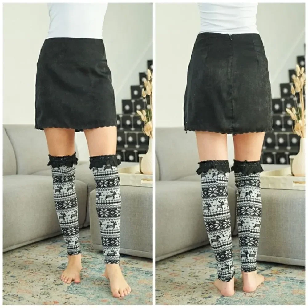 Nordic Print Leg Warmer/Boot Topper Crochet Lace Over the Knee Black And Gray S/